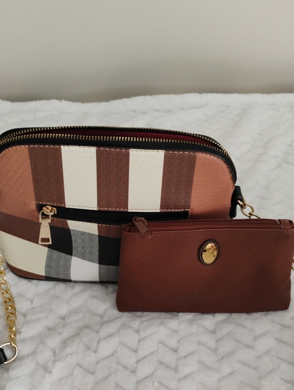 Brown and Cream Plaid Crossbody with Matching Bag